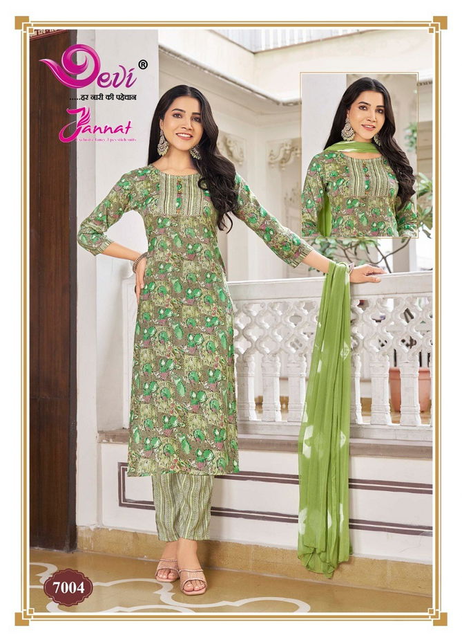 Jannat Vol 7 By Devi Rayon Printed Kurti With Bottom Dupatta Wholesale Shop In Surat